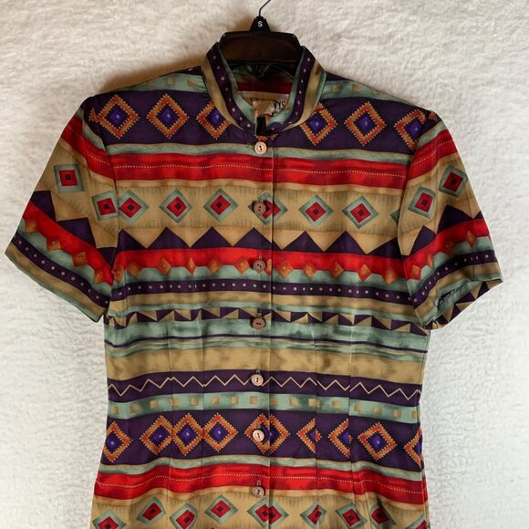 VTG J. Stevens by Carol Escritor Women's Aztec Print‎ Button Front Shirt Dress 6 - Picture 2 of 14